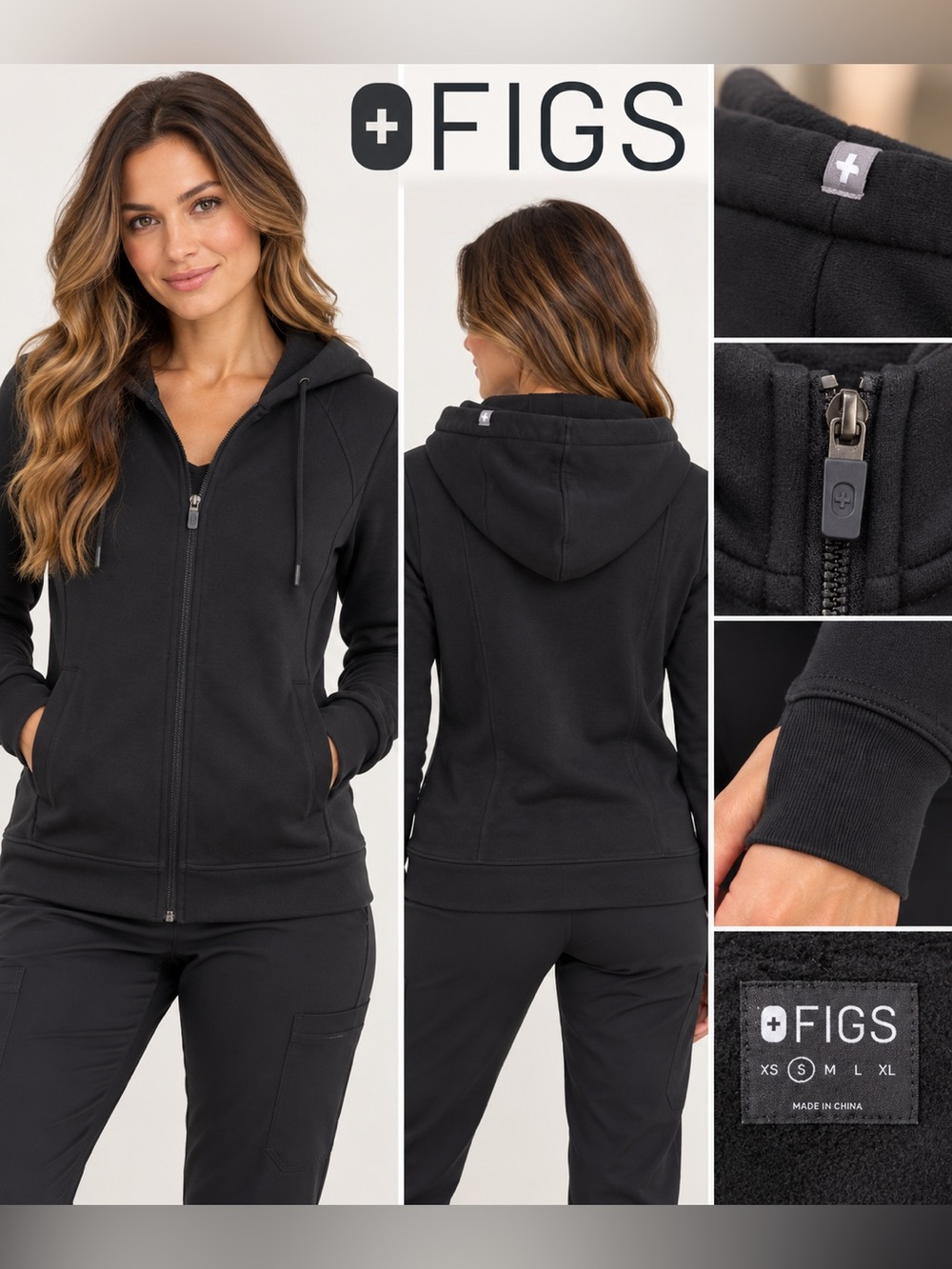 FIGS Black Full-Zip Hoodie Jacket Women’s Small S Cotton Blend